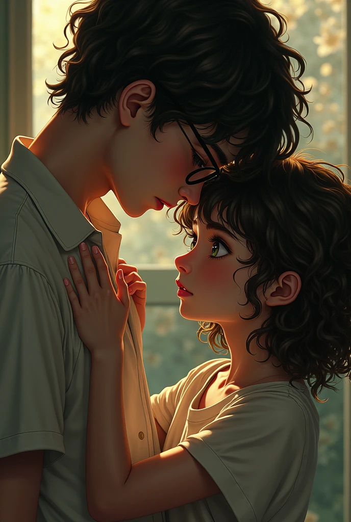 A dreamy painting that portrays a boy and a girl immersed in conversation, sipping coffee in a cozy living room surrounded by lush greenery. Sunlight filters through large windows, casting a soft glow on their faces, illuminating the room with a tranquil ambiance. The brushstrokes are loose and expressive, capturing the warmth and intimacy of the moment, painted with acrylics on canvas using a palette knife for texture and vibrant colors,