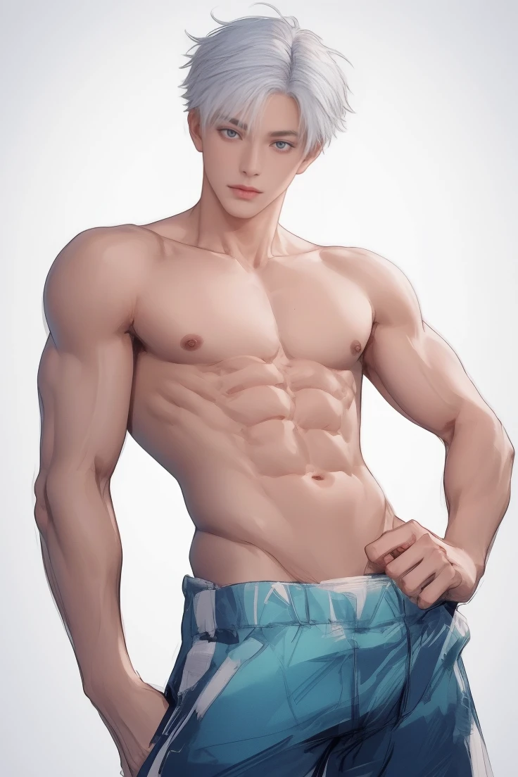 1 male, handsome Japanese male model, high resolution 4k, adult, perfect face, detailed eyes and face, muscular, white eyebrow hair, white eyelashes, Naked torso, Detailed face, perfect face, real skin texture, detail Perfect hand, details, Real and complete hand details, unreal engine, hd picture, satoru gojo, Jujutsu kaisen, white hair, short hair ,hair between eyes ,blue eyes, white skin, glasses