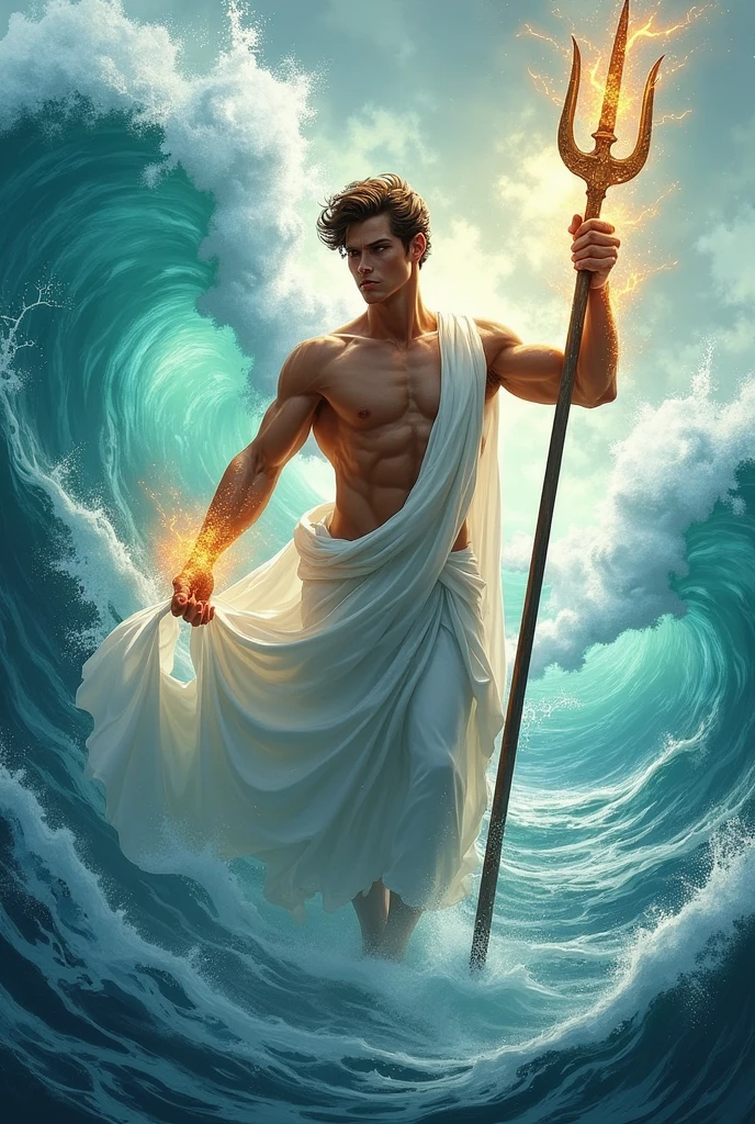 A young man wearing a toga, your skin glows bronze in the sun.
He raises a trident, and the.sea waters surround him and seem to mix with his body