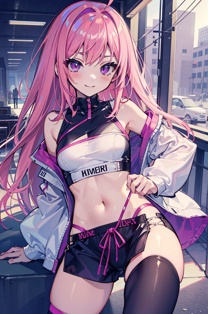 digital art, very soft and cute style, an anime girl, pretty face, pretty hair, (super glittery hair), wine-colored hair, shining eyes, looks sexy and very confident, wearing fancy tops and shorts, (glittery), (sexy), (showing skin), with a lot of cute jewelry, (very glittery), omit ugly hands, standing, in a Tokyo street, body shot, (cozy atmospheres)
