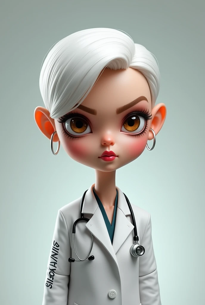 Barbie caricature, intimidating look, brown eyes ,female doctor with short white hair to shoulders ,with the name of ANAYANCIS ,embroidered on his robe on one side