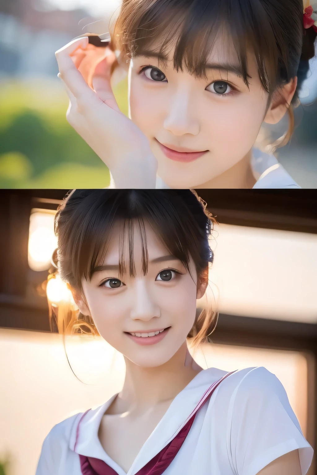 A beautiful girl with a school-designated bag, , (Highest quality:1.4), (Very detailed), (Very detailed美しい顔), avert your eyes, smile, School uniforms, Short-sleeved sailor suit, Great face and eyes, iris, Medium Hair, The Beauty of Japan, (Skinny body type:1.3), (Flat Chest:1.3), Smooth, Very detailed CG synthesis 8k wallpaper, High-resolution RAW color photos, Professional photography, Light, BackLight, dream-like, impressive, Written boundary depth, School zone, (Shooting from below:1.5)