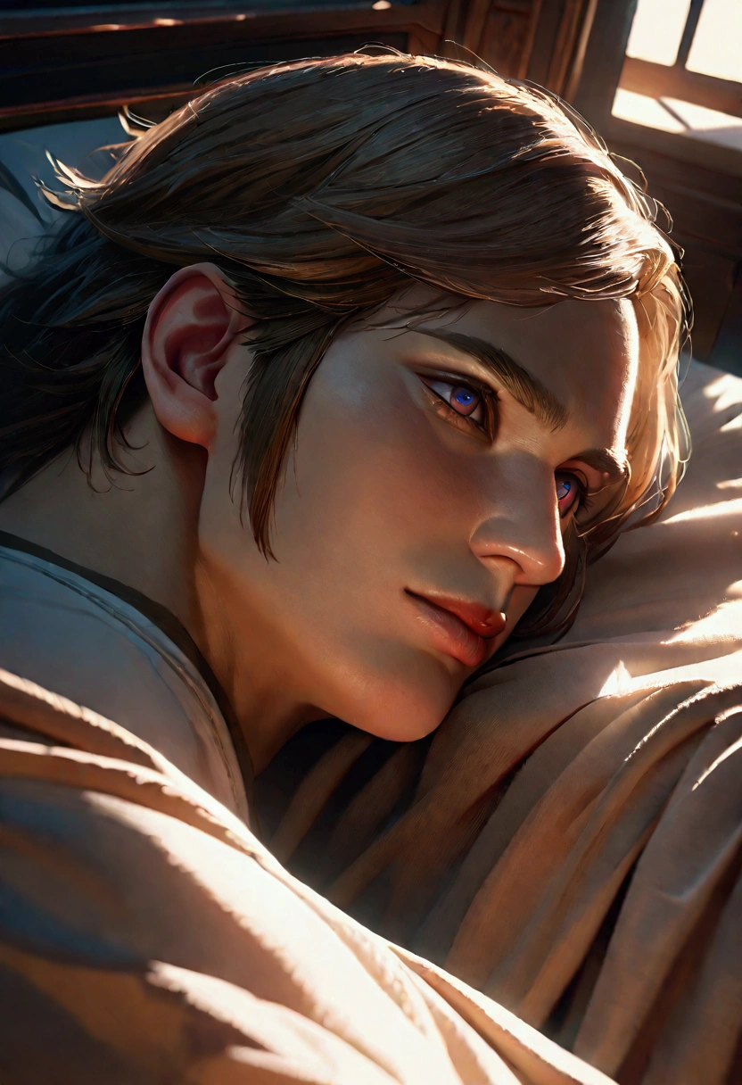 a male Link from the legend of zelda series, laying on a bed, extremely detailed, 1boy, detailed face, detailed eyes, detailed nose, detailed lips, intricate details, bedsheets, bed, bedroom interior, epic fantasy, breathtaking, cinematic lighting, dramatic shadows, photorealistic, 8k, highly detailed, masterpiece