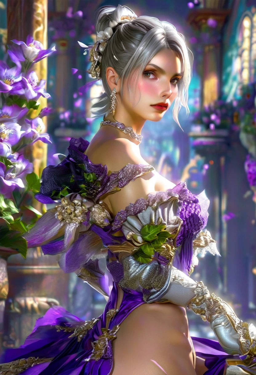 Ivy (Soul Calibur VI), Woman, serious, elegant, purple dress, aristocratic, silver elements, long nails, bare shoulders, hairstyle, hair up, short hair, messy, arrogant, absurdes, bodysuit, royalty, celebration, hall decorated with flowers, cowboy shot, portrait, (best quality), (masterpiece), (highly detailed), (4k)