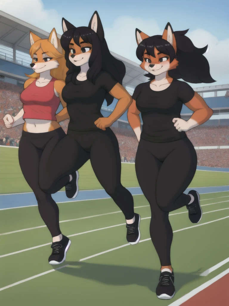 Furry, fox, female, black shirt, black leggings, shoes, running track, friends, full body