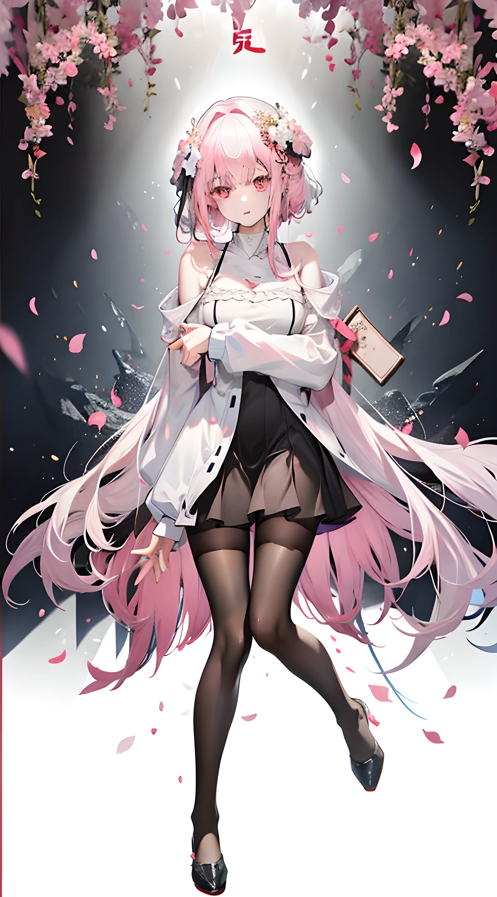 A girl,full-body shot,Full Body Love,C cup,(masterpiece),(Best quality),(Pink hair,White hair:2,White flower decorations,White hairpin),(Black pantyhose,Lace pantyhose,in stock,Full body pantyhose),(Black bandeau cheongsam,Silk cheongsam),Bare back,Show your shoulders,Exposed breasts,(ass visible:1.5,White),clavicle,(Hold your cheek with your hands,Tilting your head),(Cute expression,Smile,fun),(blush,make up, Blush Blush),(White high heels,Pink Cherry blossom decorations),(Light red carpet,Gold decoration),Cherry blossoms, night,Feeling the urge to urinate,pee,Urinating,pee yourself,Top lighting,16K,High sharpness,high quality,Wide-angle lens,Vibrant colors,Exquisite hand details,Delicate hands