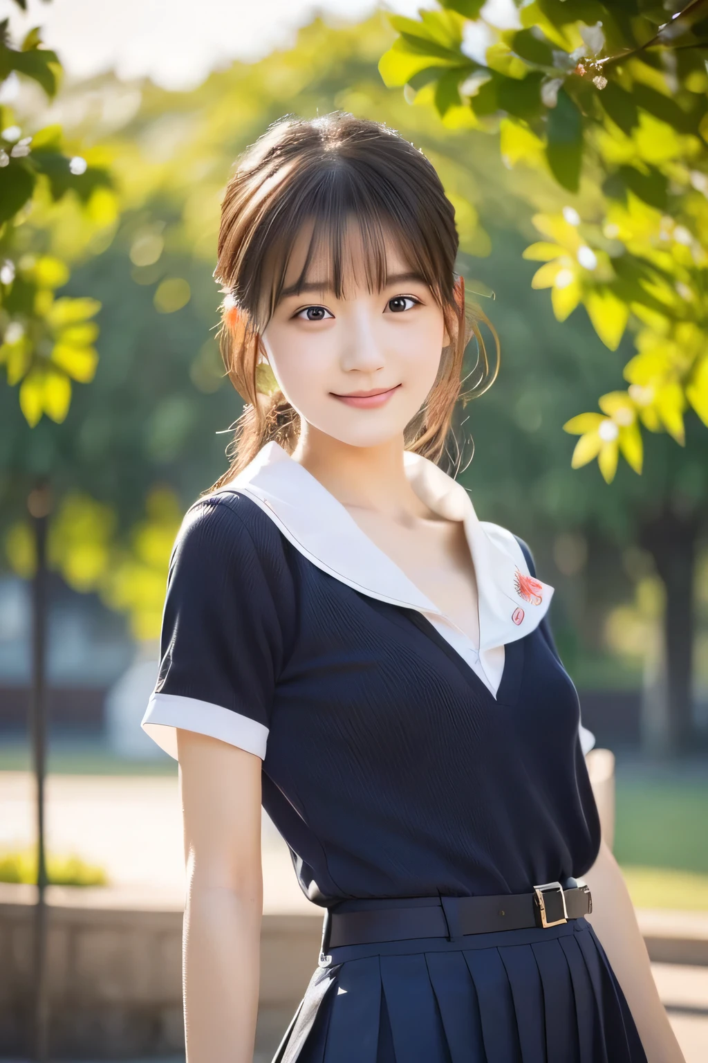 A beautiful girl with a school-designated bag, 14 years old, (Highest quality:1.4), (Very detailed), (Very detailed美しい顔), avert your eyes, smile, School uniforms, Short-sleeved sailor suit, Great face and eyes, iris, Medium Hair, The Beauty of Japan, (Skinny body type:1.3), (Flat Chest:1.3), Smooth, Very detailed CG synthesis 8k wallpaper, High-resolution RAW color photos, Professional photography, Light, BackLight, dream-like, impressive, Written boundary depth, School zone, (Shooting from below:1.5)