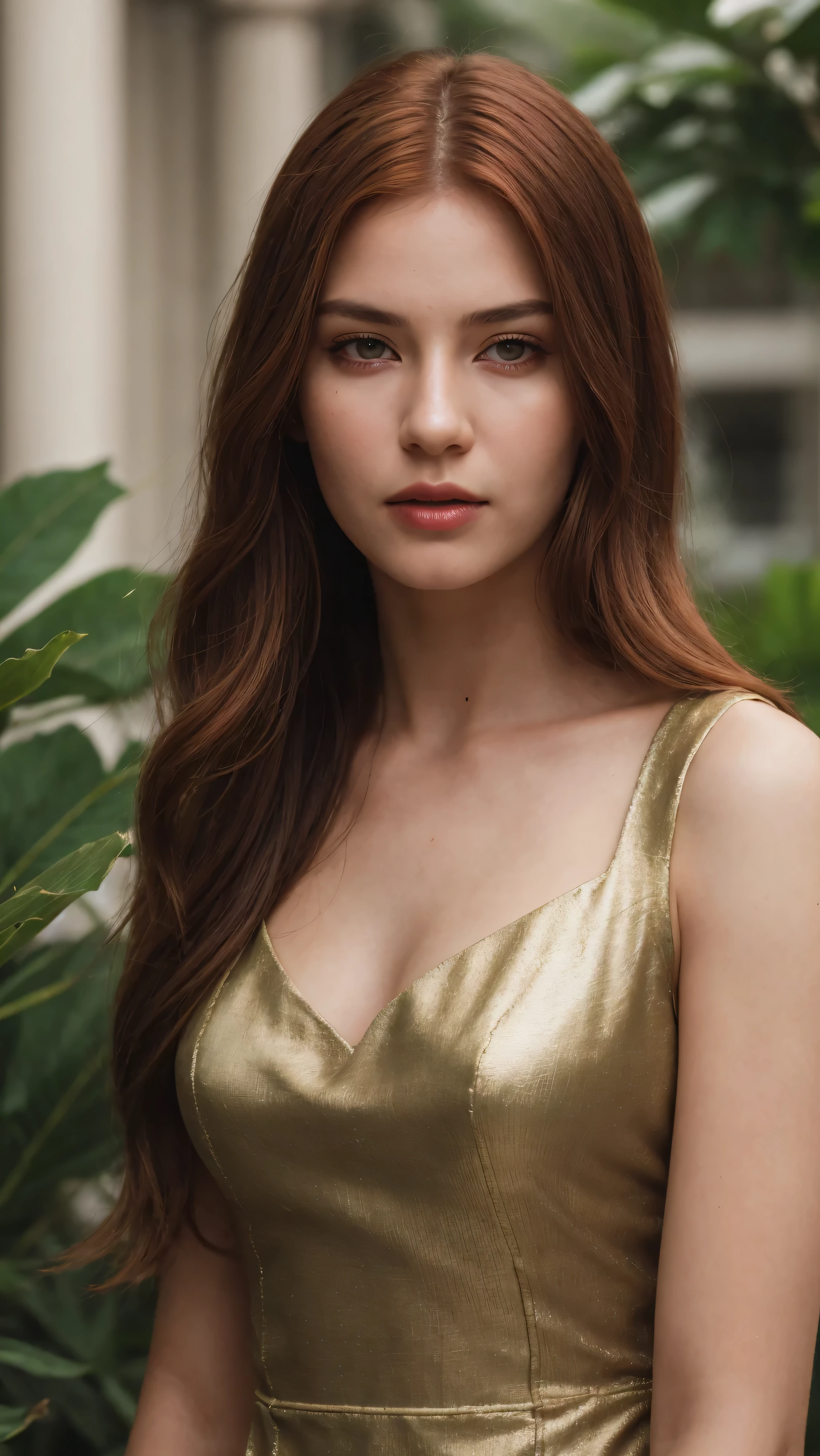 a woman with red hair and green leaves, hyper-realistic skin, shiny/glossy, modern jewelry, gongbi, portraiture, dark teal and light gold, tropical landscapes, Face portrait photo oF a 21-year-old German woman, .raw, beautiFul woman, half strawberry lips, Fossettes, nostalgic look, green eyes, great student, Large eyelashes, (Brown extra long wavy hair), ((detailed Face)), ((detailed Facial Features)), (Finely detailed skin), red skin, (Deep neckline detailing high-tech cyberpunk dress), Cyberpunk Cyberpunk big city environment, (cold colors), moist, moist, reFlections, (masterpiece) (height ratio / perfect width) (photo realist) (best quality) (detailed) Shot with Canon EOS R5, ObjectiF 50mm, F/2.8, human development report, (8k) (wallpaper) (light) (Dramatic Light) (sharp focus) (complicated)