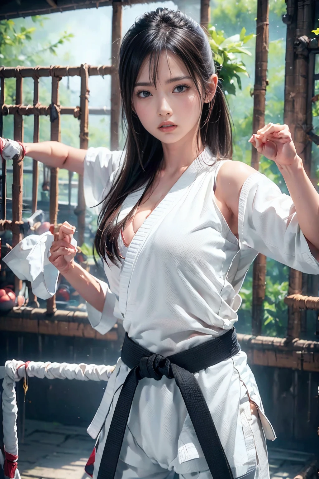 8K,sexy japanese lady,A dark-haired,White kimono,high quality karate、Dynamic Actions、Kick up high,movimentos poderosos、Dynamic backgrounds。large full breasts,frontage,Look at viewers,glareing,karate lady portrait,超A high resolution,real looking skin,Precise hand details,enticing,