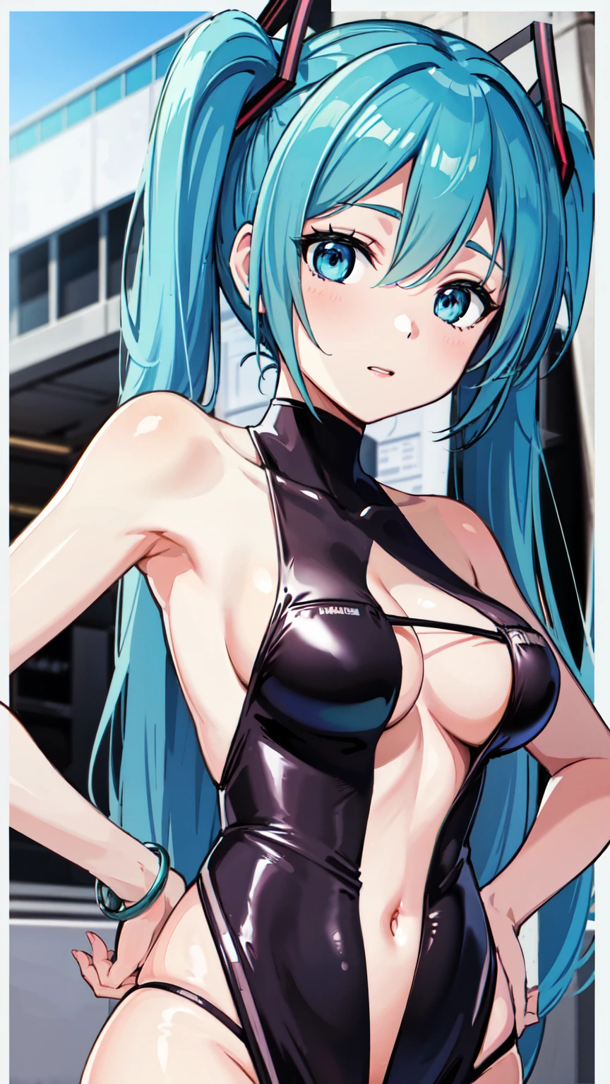 masterpiece、Highest quality、8k、Hatsune Miku VOCALOID、Twin tails、Light blue hair, light blue eyes、Race Queen Motor Show、