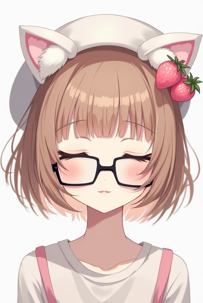 Female character with short hair with bangs, light brown hair color, closed eyes and a beret with white cat ears and pastel pink strawberry decorations and black glasses