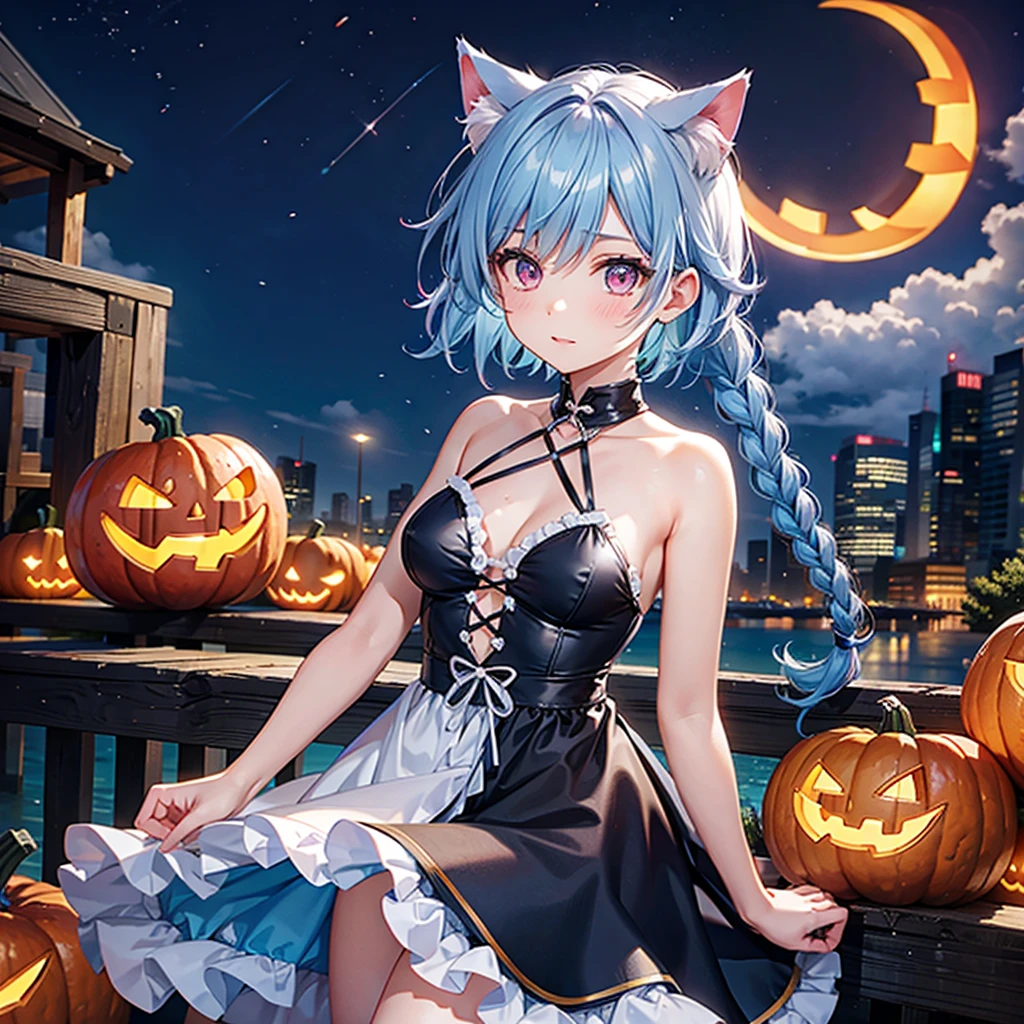 (Sky blue hair),(Braided short hair), (Pink Eyes),Fair skin) ,(whole body),(One Girl),(There are lots of pumpkin ghosts in the background),Cat ear,Cat&#39;s Tail,(Sailor suit),(Bruises and ugly faces),(Fall into Darkness),If you don't give me sweets, I'll play a prank on you.),(Halloween Night Party),(masterpiece, Highest quality, Very detailed, Best Shadow), (Detailed Background), (Beautifully detailed face), High Contrast, (Best lighting, Very delicate and beautiful), ((Cinematic Light)), Hyper Detail,8k, Dramatic Light, Intricate details,night,(Bats flying in the background),High quality