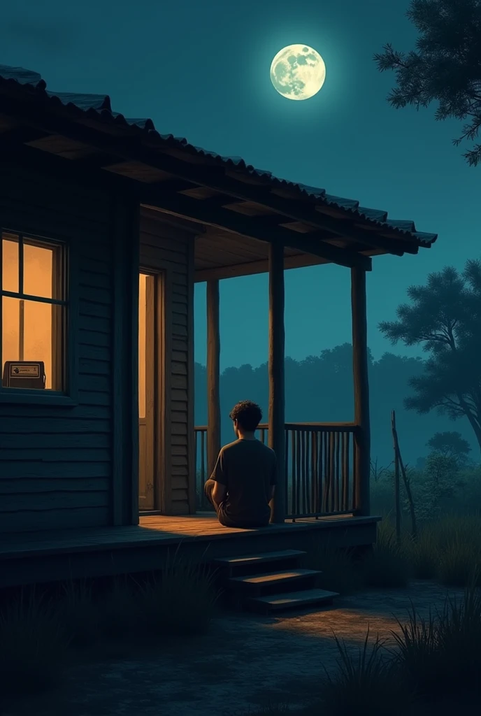 Image of a young man sitting at night on the porch of a Brazilian farmhouse with a radio in the window admiring the moon