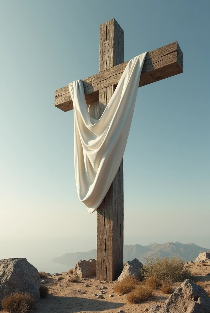 Create a realistic cross for me, with a white cloth symbol of Jesus Christ. A little tilt to the right can make it huge and large. 