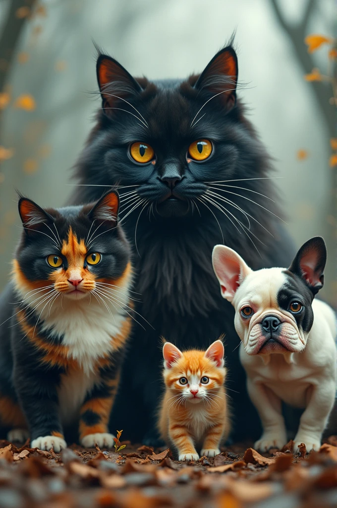 Crea una imagen subrealista de un gato persa extremo black color (Big size) by the wide, an extreme calico Persian cat (black color, gray, white and orange) (medium size) by the wide, an extreme orange and white Persian kitten (Small size) Short haired and a white French bulldog bitch with Merle around the eyes and ears (Big size). All four in one image.