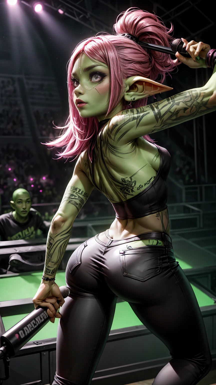 absurd resolution, ((best quality)), ((masterpiece)), (very detailed), 4k, goblin girl, hardcore punk rocker, pink hair, wearing long loose black tank top, wearing skintight black pants, painted on black pants, pink eye makeup, ((green skin:1.3)), small pointy ears, nose piercing, performing at a punk rock show, walking away from camera, dynamic pose, cinematic still, pov from back, facing away, holding microphone, torn clothes:1.3, focus on ass, colored lighting, dynamic lighting, concert venue