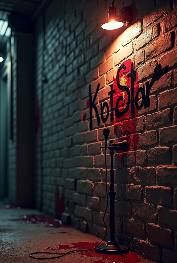 Brick wall with graffiti written on it " KrotStar " with blood splatters and a microphone