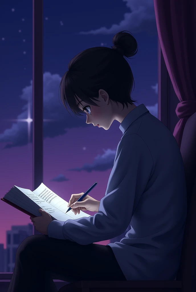 An anime version of a person studying, night image in a darker, purple tone