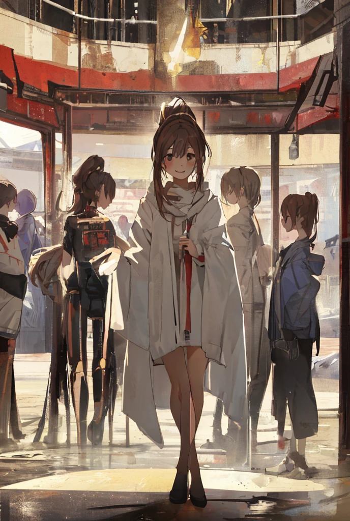 Completely naked、Brown hair ponytail、Long Hair、Are standing、smile
