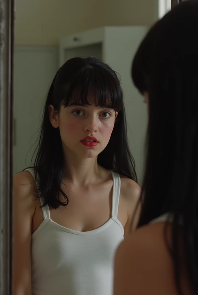 Matilda from the movie The Professional staring in the mirror with a sad expression in a dirty apartment. 12 years old. Dressed in a white tank top. Red lipstick.  Straight black wet hair