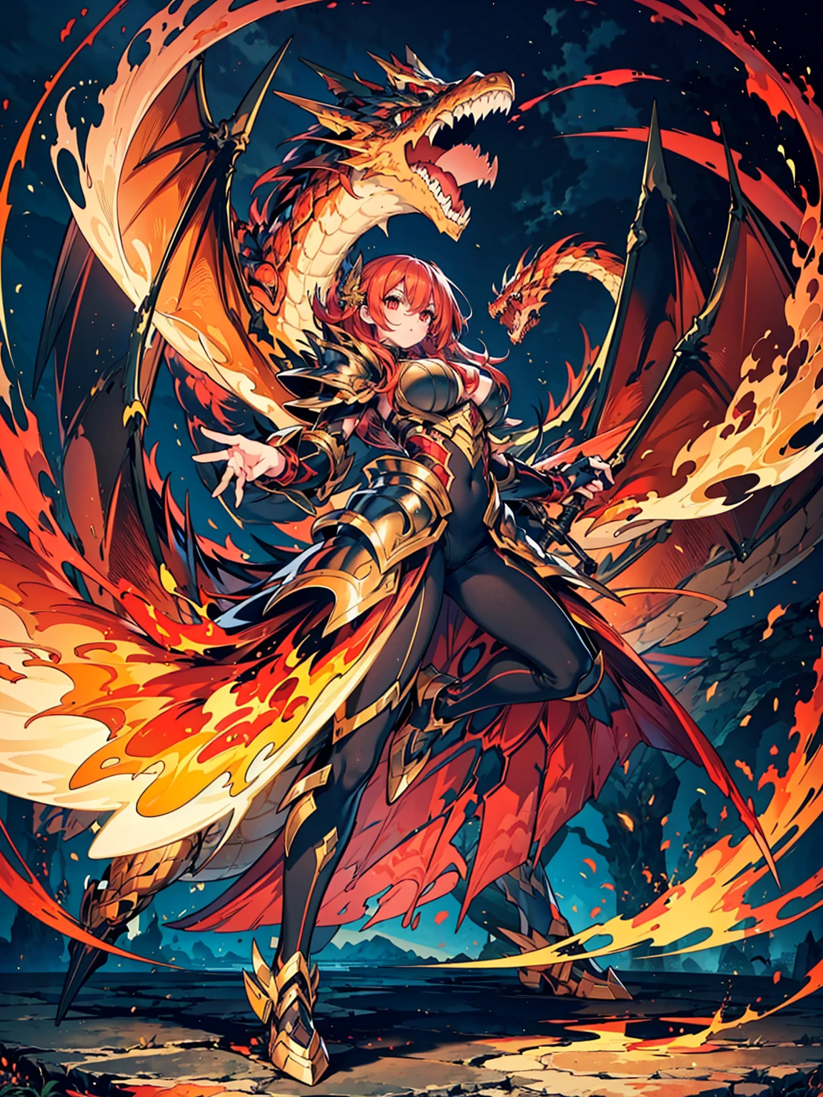 (((masterpiece, best quality, high detailed, 16k))) (1girl) A fierce dragon rider with wild, fiery orange hair and blazing red eyes. She wears a suit of dragon-scale armor that shimmers in shades of red and gold, and a large sword is strapped to her back. She stands confidently beside her dragon, her hand resting on its massive neck. ((full body view))
