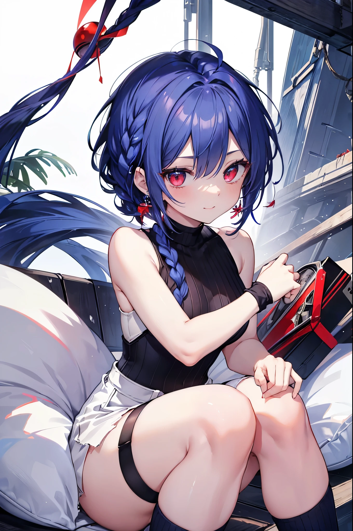 {{masterpiece}}, The best quality of life, 、((short indigo hair、Deep blue hair)Braided Hair) 、 Cute female, 、One woman、(((Crimson Eyes、Red eyes、Red　eyes)))、Expressionless adult woman、((White background))、small but well-shaped breasts,、(((Sleeveless with white high neck、Black short hot pants、Knee-high socks)))、smile、smile、Small earrings