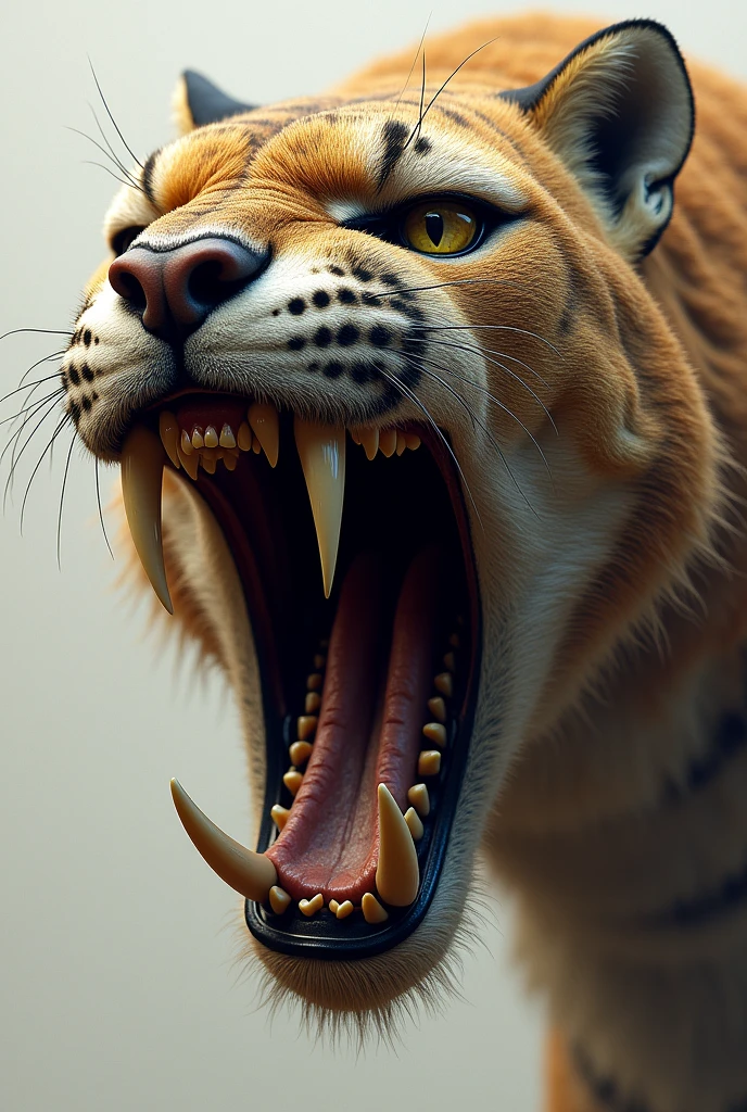 The face of a saber-toothed cat showing its teeth