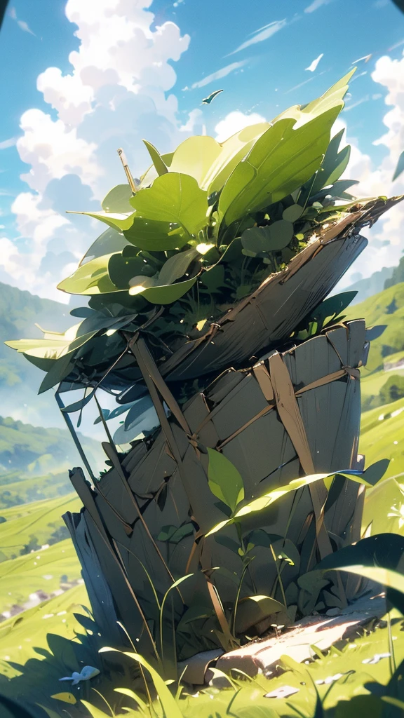 imagine an aesthetic green mountain at the top green area at the bottom. Side view with beautiful clouds and sun