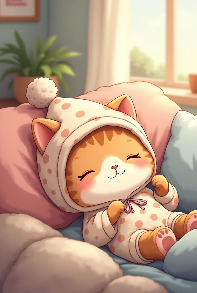 Create an animated illustration of a cat in pajamas sleeping with his hat on, like to make a print