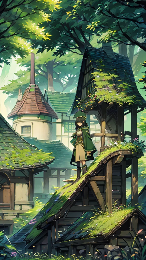 yuichiro hyakuya girl, (WithoutFear:1), 1 girl, black hair, green eyes, brown coat, gray armor, elves, sylvan, green shield, green cloak, dark brown gloves, forest, white fur trim, anime, standing, good quality, portrait, looking at viewer