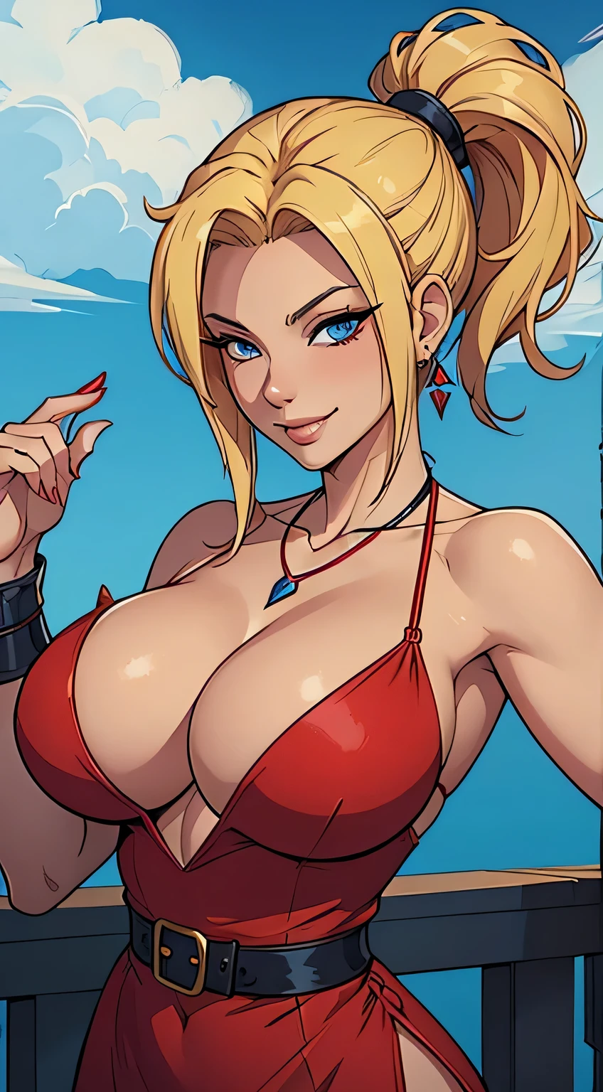 Thin woman, Scarlett Final Fantasy, beautiful smiling, seducing gaze, red dress with v-neck, necklace with cylindrical blue jewel, black belt, skin fair, blonde hair with a pony tail, blue colored eyes, busty. comic style.