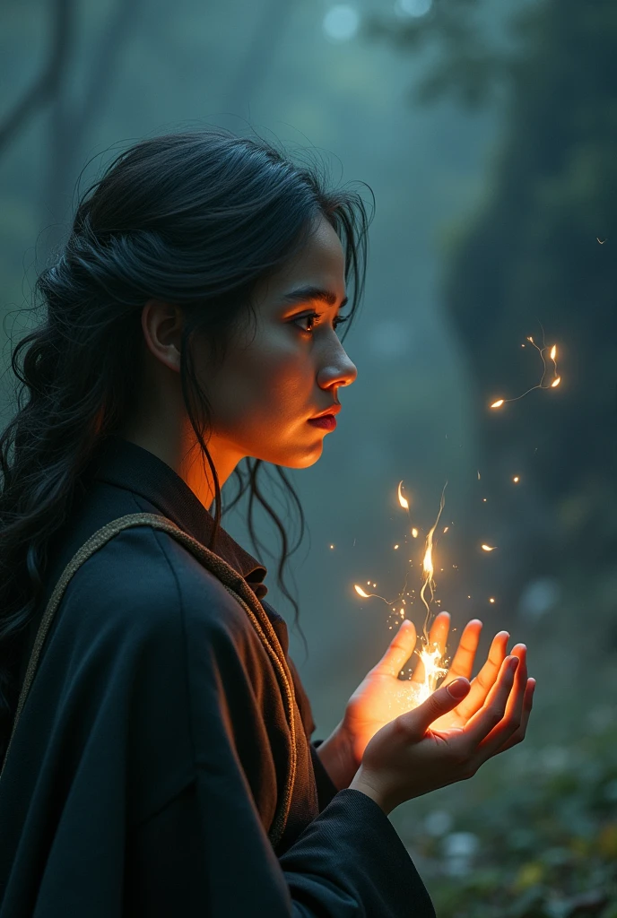 Elara, a young woman with a curious and fearless look, discover your magical powers, establishing a connection with an ancient and dark entity. In an environment shrouded in mystery and shadows, she summons this creature, stunning and disturbing, who presents himself as both an ally and an adversary. The contrast between their dark beauties and Elara's inner light creates a palpable tension.. As you delve deeper into this new reality, an unexpected passion arises for this charming man, molded of obscurity. The scene captures the moment their eyes meet - a vulnerable and intense moment of confusion and desire., reflecting Elara's struggle between embracing her power and unexpected love for a beautiful and alluring Shadow creature.