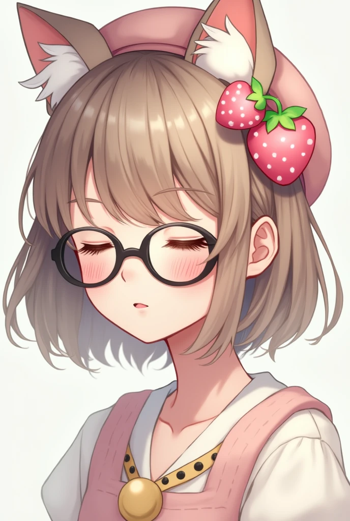 Female character with short hair with bangs, light brown hair color, closed eyes and a beret with white cat ears and pastel pink strawberry decorations and black glasses 