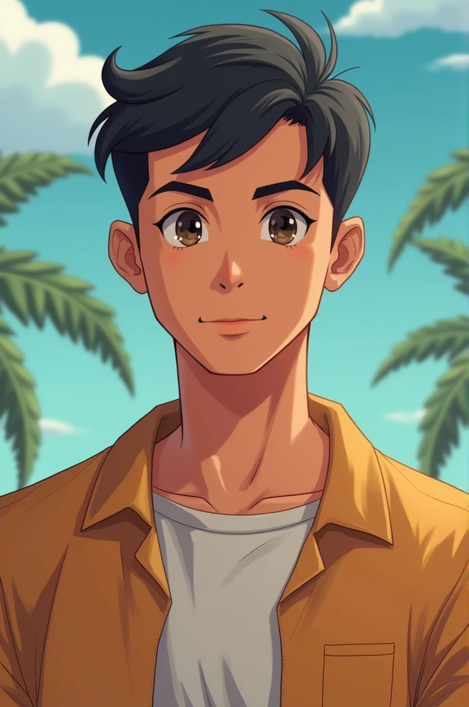 a 19 year old young man, high, with a height of approximately 1.85 meters. He has short dark hair, cut neatly, highlighting her youthful face. Her skin is a natural tan tone,