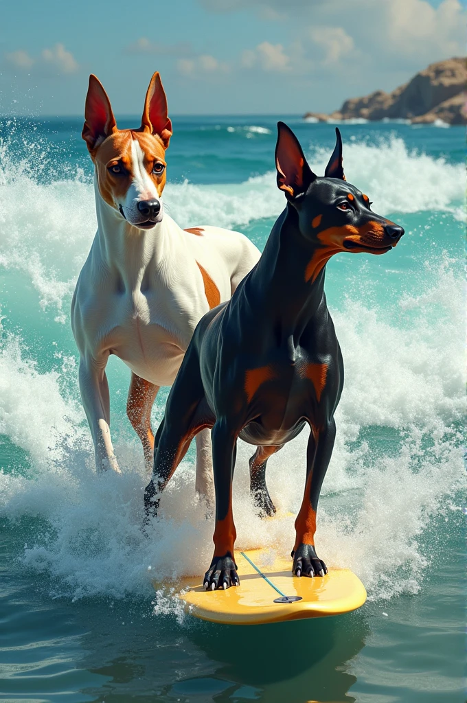 A realistic drawing of a white doberman with brown spots surfing next to a black pincher