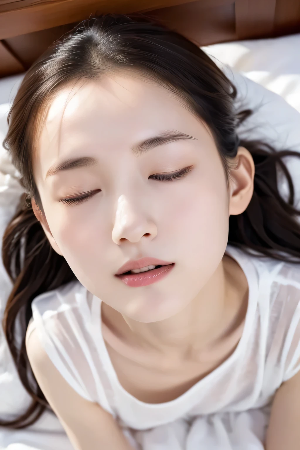 Beautiful  lying in bed, ************, (Highest quality:1.4), (Very detailed), (Very detailed美しい顔), (Close ~ eyes:1.5), White T-shirt, Great face and eyes, iris, Medium Hair, The Beauty of Japan, (Skinny body type:1.3), (Flat Chest:1.3), Embarrassed expression,(Puppy licking cheek),Smooth, Very detailed CG synthesis 8k wallpaper, High-resolution RAW color photos, Professional photography, Light, BackLight, dream-like, impressive, Written boundary depth, Bedroom, (Face close-up:1.2), (Shot from above:1.5)