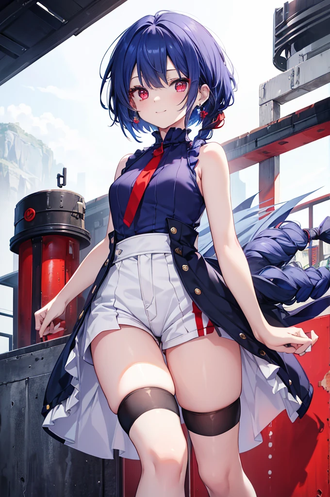 {{masterpiece}}, The best quality of life, 、((short indigo hair、Deep blue hair)Braided Hair) 、 Cute female, 、One woman、(((Crimson Eyes、Red eyes、Red eyes)))、Expressionless adult woman、((White background))、small but well-shaped breasts,、(((Sleeveless with white high neck、Black short hot pants、Knee-high socks)))、smile、smile、Small earrings