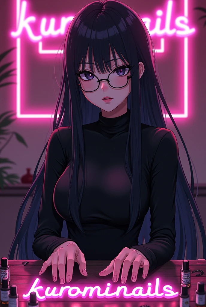 piss cover, very long straight black hair, big black eyes, long eyelashes, with glasses, king, with neon letters that say kurominails, manicurist dressed in black, on a table with many enamels, anime