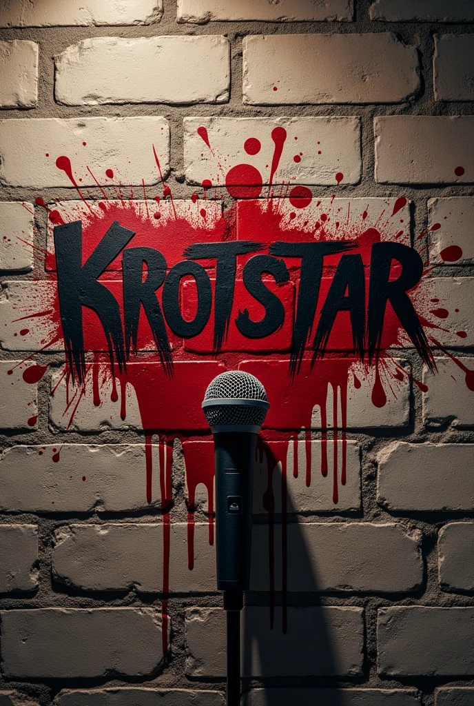 Brick wall with graffiti written on it " KrotStar " with blood splatters and a microphone