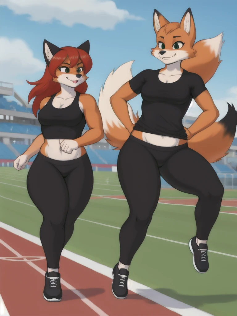 Furry, fox, female, black shirt, black leggings, shoes, running track, friends, full body