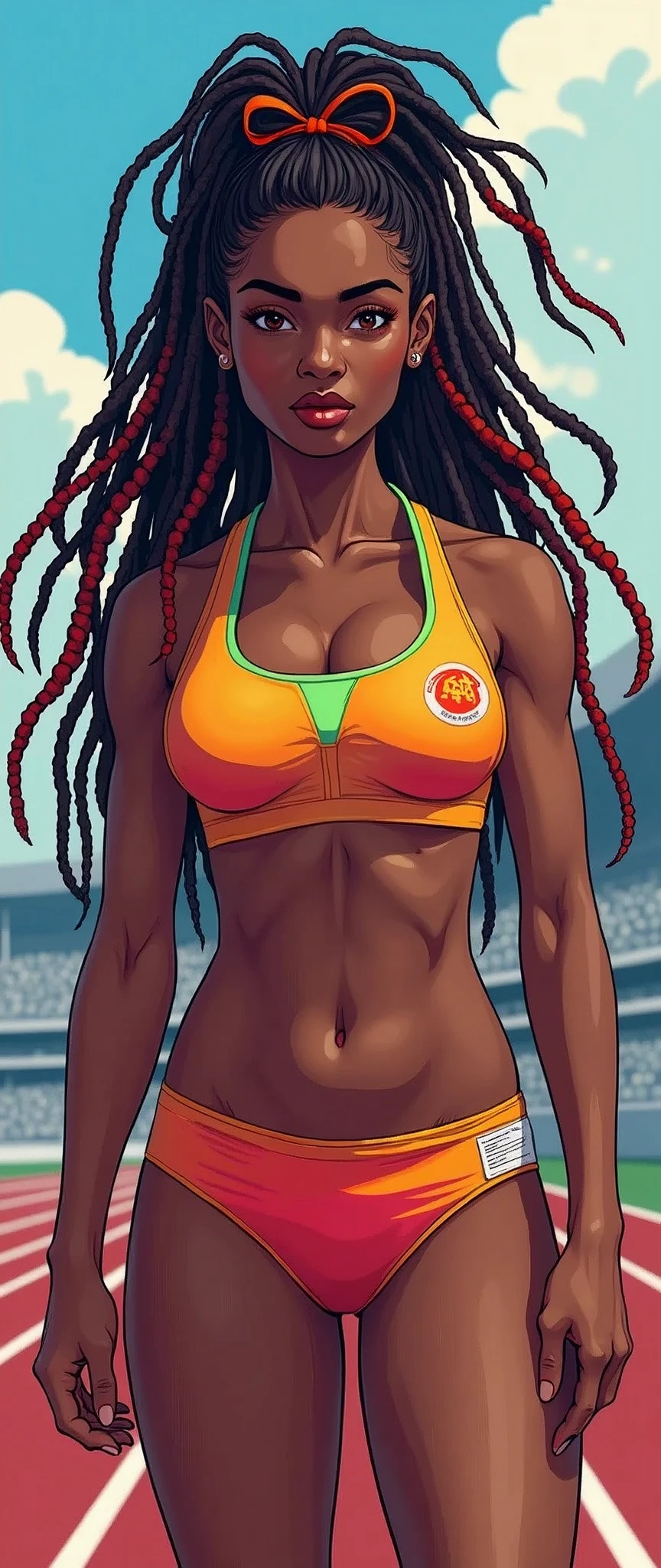 (masterpiece),(Highest quality),(Super detailed),(Ultra-high resolution),(Best illustrations),8k,wallpaper,Women's photos,(Track and field athlete:2.0),Portrait Photography,Beautiful woman,(whole body:2.0),(Eye light,Sharp pupils,Detailed eye drawing),(Detailed skin texture:1.6),(Her hairstyle is colorful dreadlocks:1.6),(Big Ass:2.0),(Muscular:2.0),Looking at me,(front),BREAK(Racing Bra),(Racing Bloomer),(psychedelic,Neon color,pop),(front:2.0),(Detailed Female Hands:1.6),(sexy:2.0)
