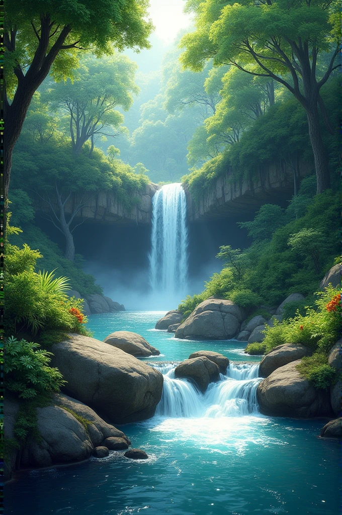 A forest with a river with a waterfall and shiny rocks