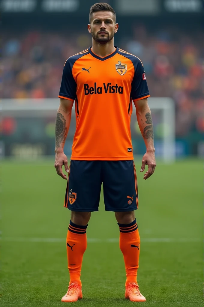 Customize a soccer uniform in the primary color orange, black secondary color and dark blue shorts and logo on the chest written bela vista