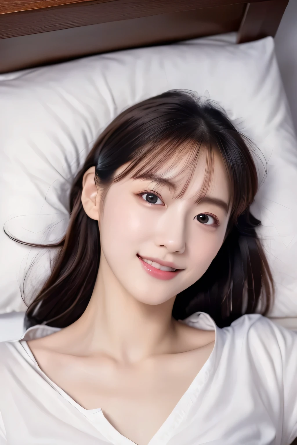 Beautiful girl lying on bed, , (Highest quality:1.4), (Very detailed), (Very detailed美しい顔), (Sleepy eyes:1.5), White T-shirt, Great face and eyes, iris, Medium Hair, The Beauty of Japan, (Skinny body type:1.3), (Flat Chest:1.3), (smile), Smooth, Very detailed CG synthesis 8k wallpaper, High-resolution RAW color photos, Professional photography, Light, BackLight, dream-like, impressive, Written boundary depth, Bedroom, (Face close-up:1.3), (Shot from above:1.5)
