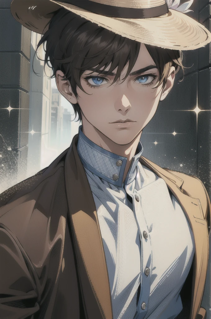 High Resolution, Looking at viewer, 1boy, Solo, Short Hair, Anatomically Correct, Simple background, Light Brown Hair, Close-Up, Fedora, God Rays, Anime Style, Masterpiece, Blue eyes, Serious,