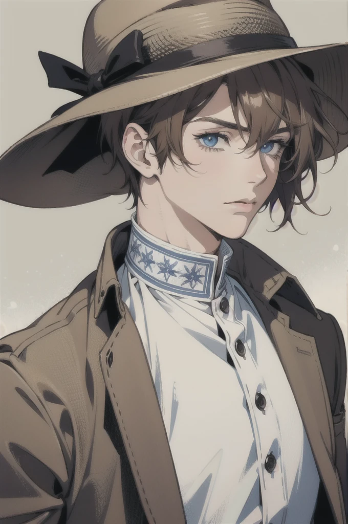 High Resolution, Looking at viewer, 1boy, Solo, Short Hair, Anatomically Correct, Simple background, Light Brown Hair, Close-Up, Fedora, God Rays, Anime Style, Masterpiece, Blue eyes, Serious,