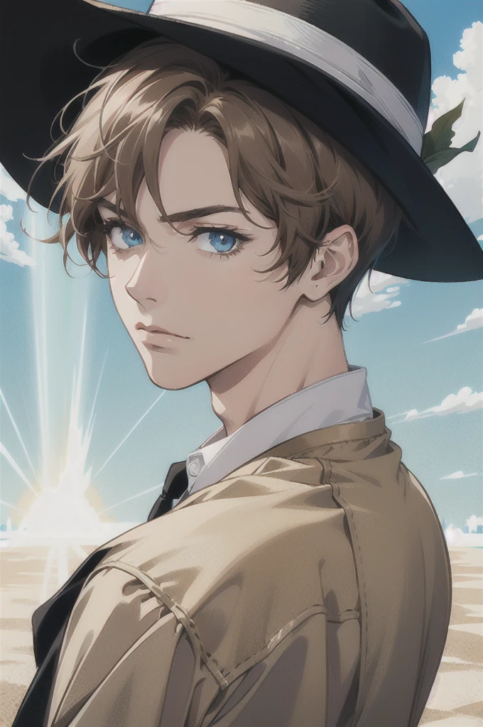 High Resolution, Looking at viewer, 1boy, Solo, Short Hair, Anatomically Correct, Simple background, Light Brown Hair, Close-Up, Fedora, God Rays, Anime Style, Masterpiece, Blue eyes, Serious, 