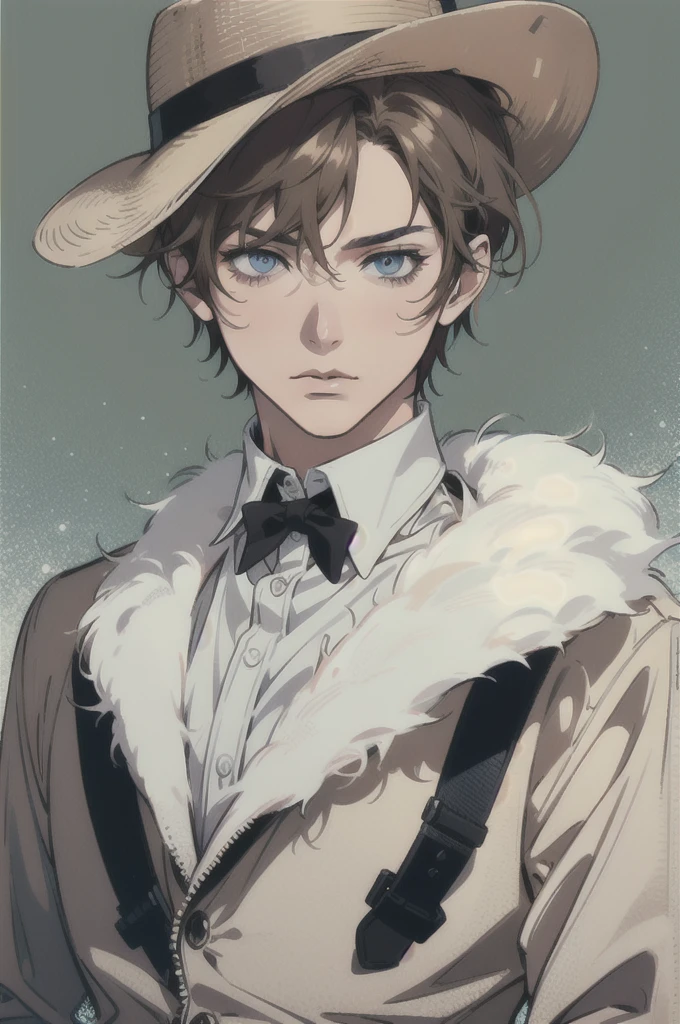 High Resolution, Looking at viewer, 1boy, Solo, Short Hair, Anatomically Correct, Simple background, Light Brown Hair, Close-Up, Fedora, God Rays, Anime Style, Masterpiece, Blue eyes, Serious,