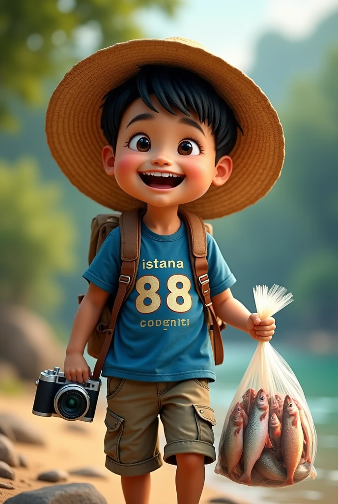 boy wearing straw hat and carrying fish in plastic bag, smiling broadly and carrying camera, wearing blue shirt with 88 written on it and "istana cupang" written on it