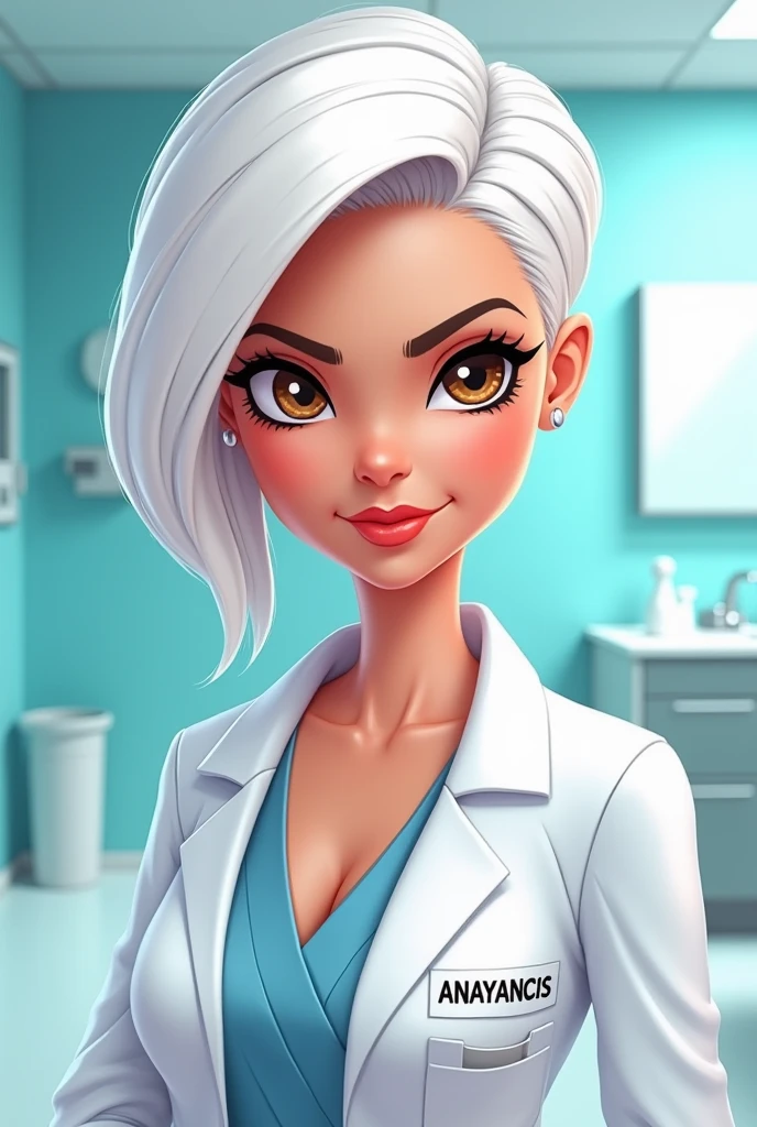 Barbie cartoon style, intimidating look, brown eyes ,female doctor with short white hair to shoulders ,with the name of ANAYANCIS  ,embroidered on his robe on one side 